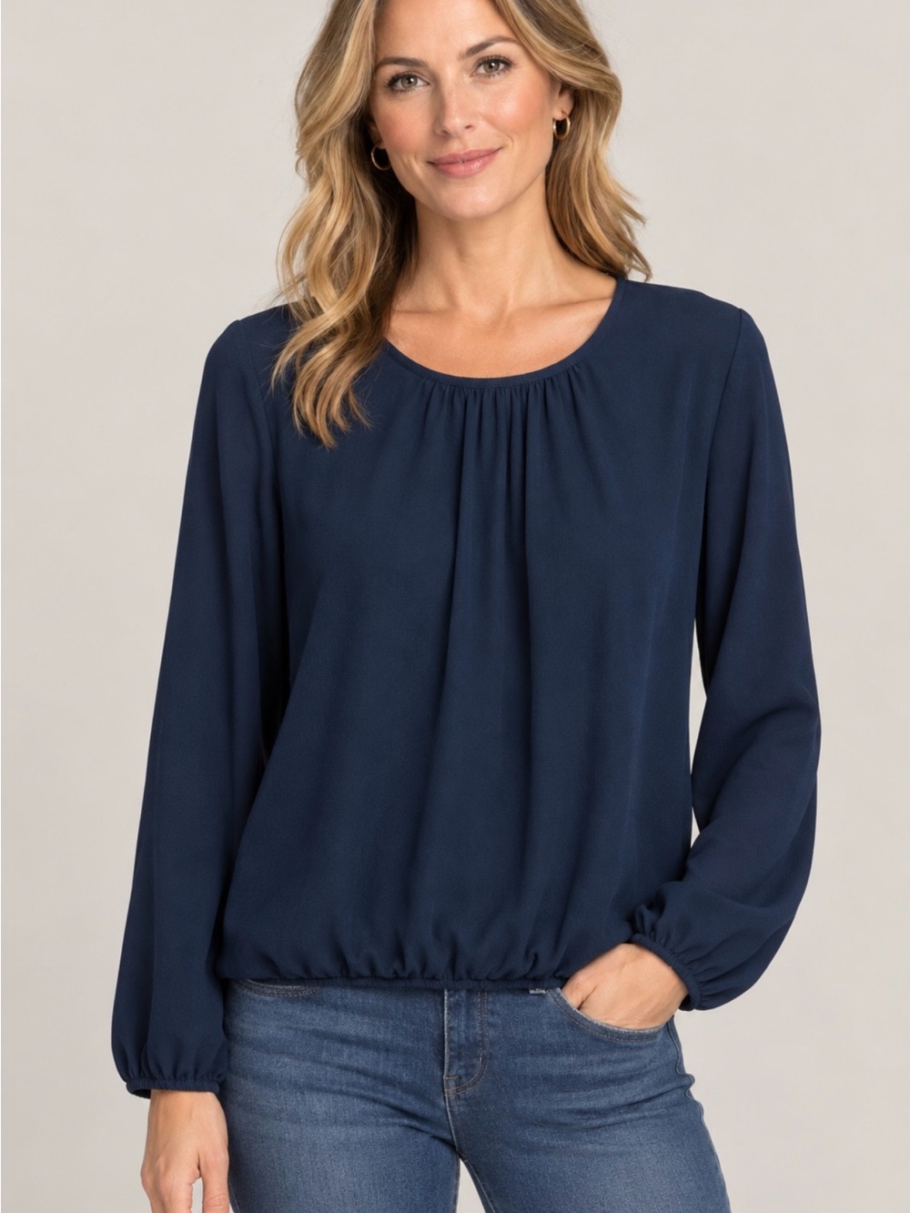Tommy Hilfiger Navy Blue Long-Sleeve Scoop Neck Blouse Elastic Bottom